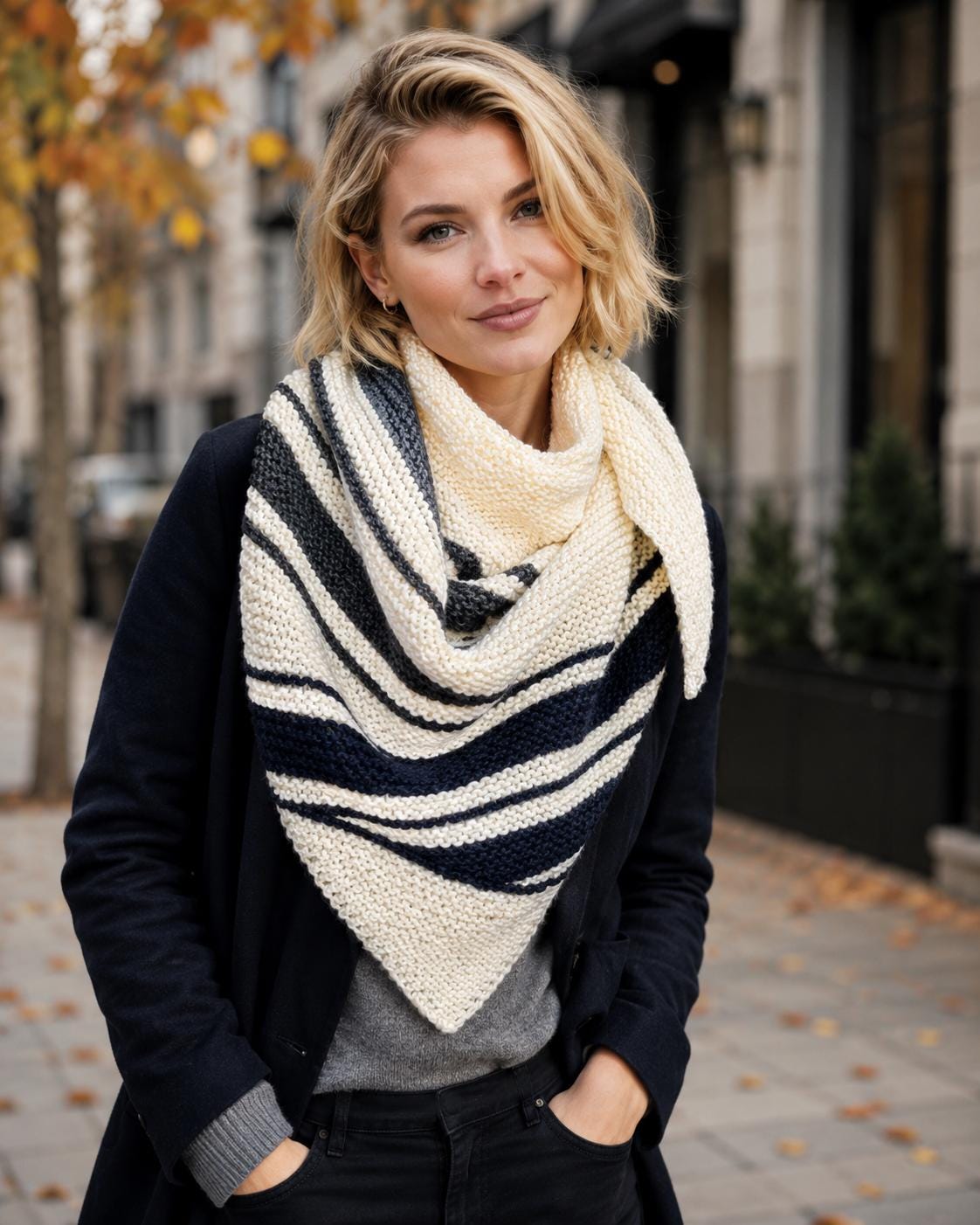 Striped Triangle Scarf Knitting Pattern, Easy Shawl Wrap pattern preview.