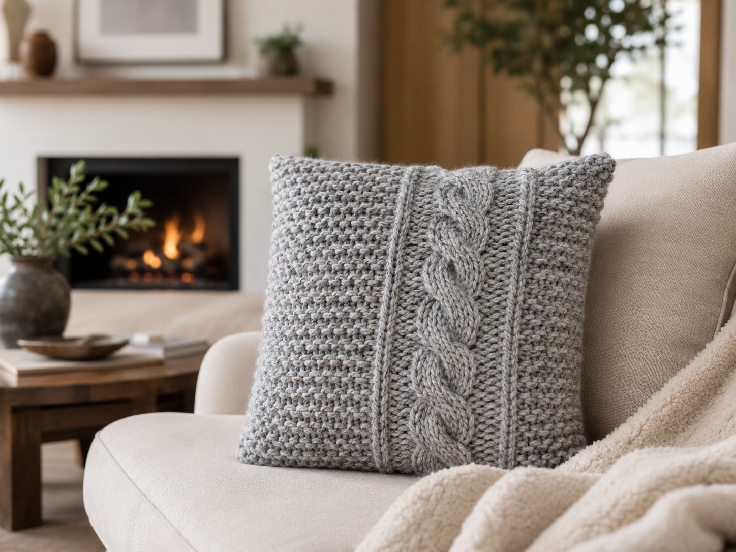 Cable Knit Throw Pillow Cover Knitting Pattern pattern preview.