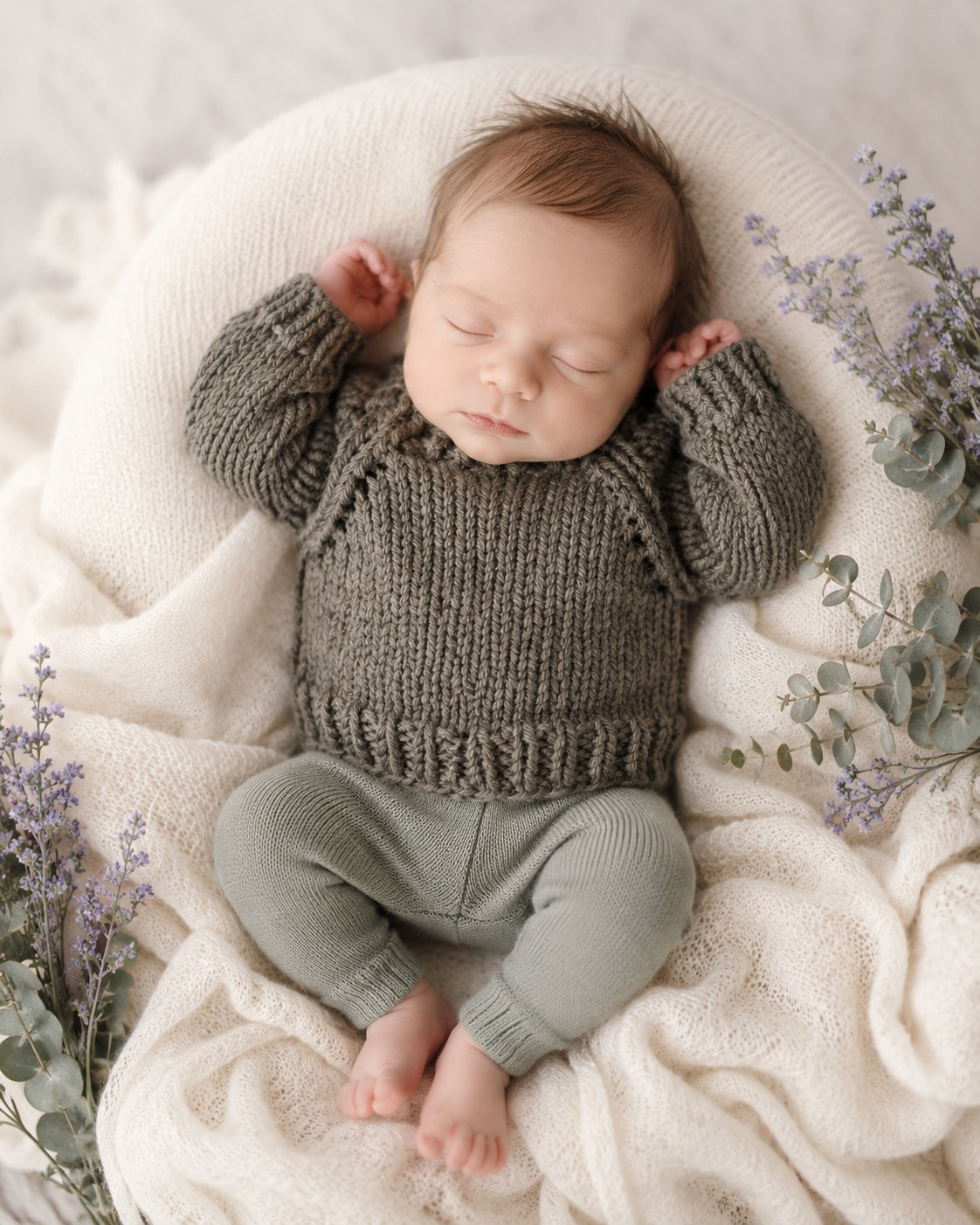 Sage Lullaby Newborn Raglan Sweater Knitting Pattern pattern preview.